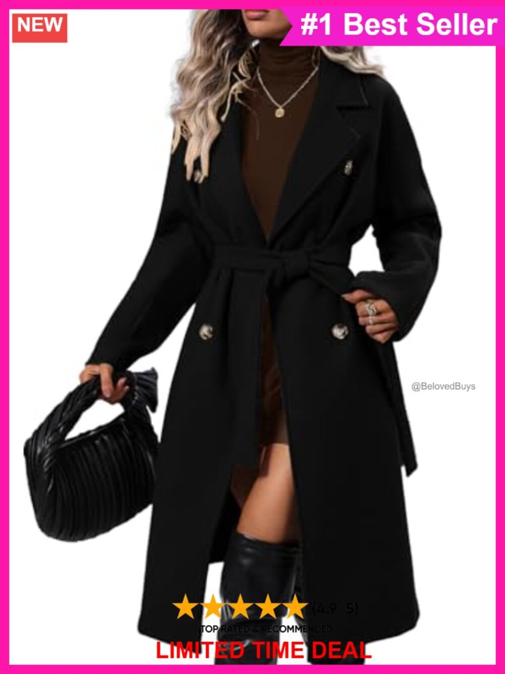 Wool Blend Pea Coat Double Breasted Notch Lapel Belted Winter Overcoat